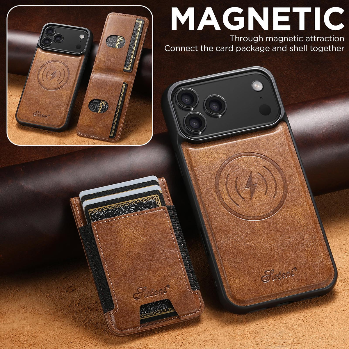 Compatible with iPhone 18 Pro Suteni H17 Oil Eax Leather MagSafe Detachable Wallet Phone Case - Brown