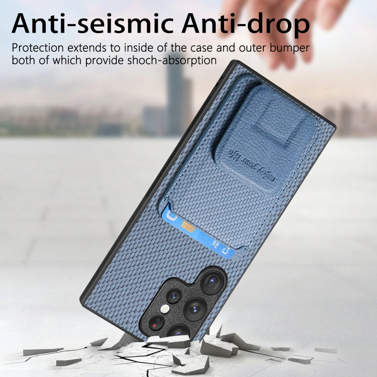 For Samsung Galaxy S24 5G Carbon Fiber Card Bag Fold Stand Phone Case(Blue)