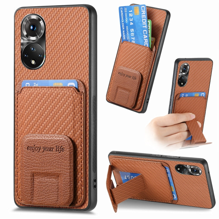 For Honor 50 Carbon Fiber Card Bag Fold Stand Phone Case(Brown)