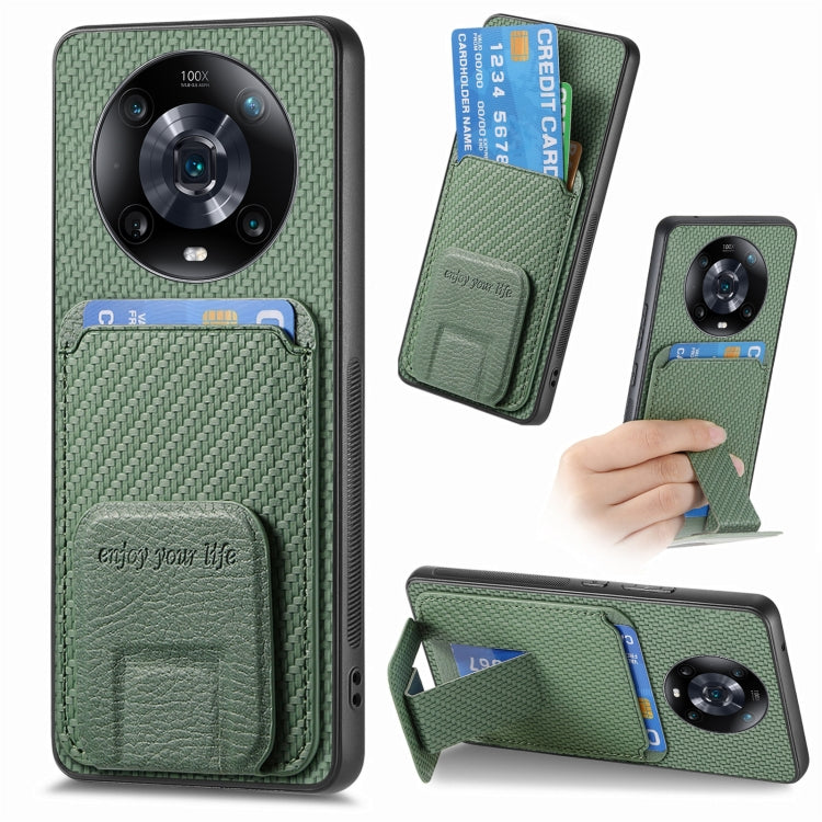 For Honor Magic4 Pro Carbon Fiber Card Bag Fold Stand Phone Case(Green)