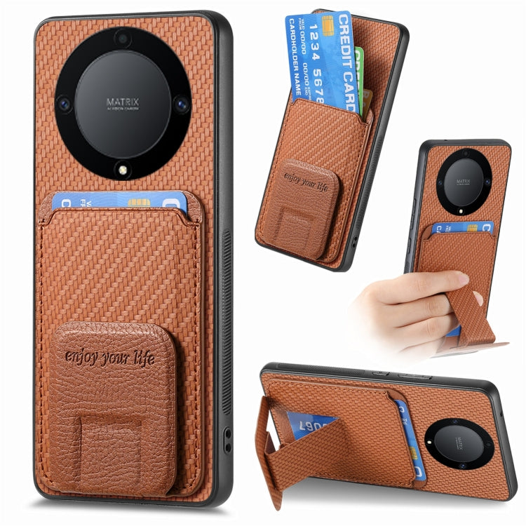 For Honor X9A Carbon Fiber Card Bag Fold Stand Phone Case(Brown)