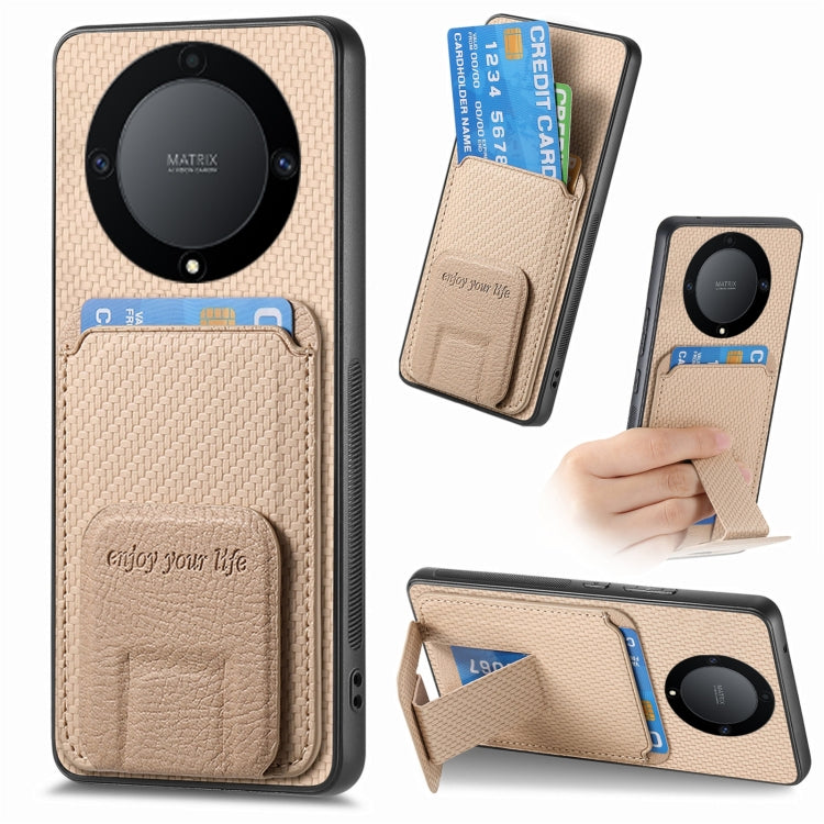 For Honor X9A Carbon Fiber Card Bag Fold Stand Phone Case(Khaki)