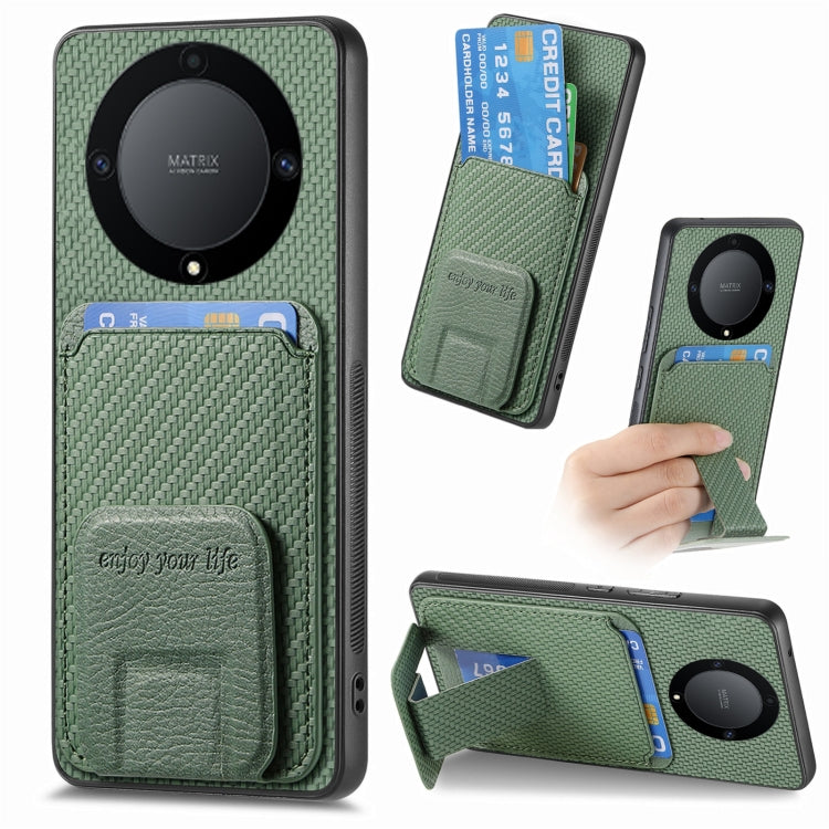 For Honor X9A Carbon Fiber Card Bag Fold Stand Phone Case(Green)