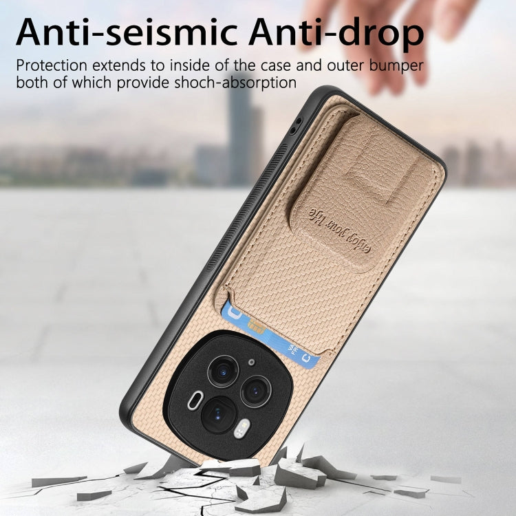 For Honor Magic6 Pro Carbon Fiber Card Bag Fold Stand Phone Case(Khaki)