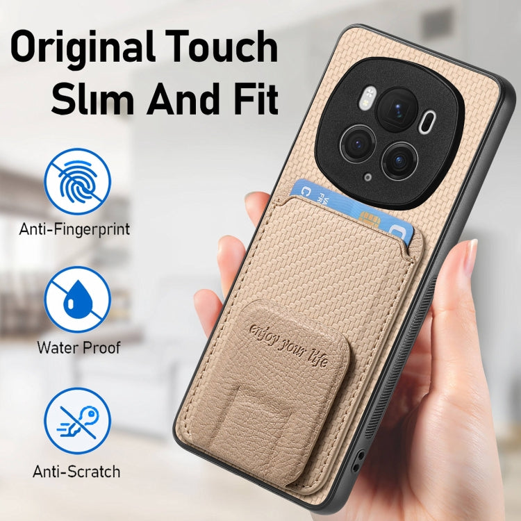 For Honor Magic6 Pro Carbon Fiber Card Bag Fold Stand Phone Case(Khaki)