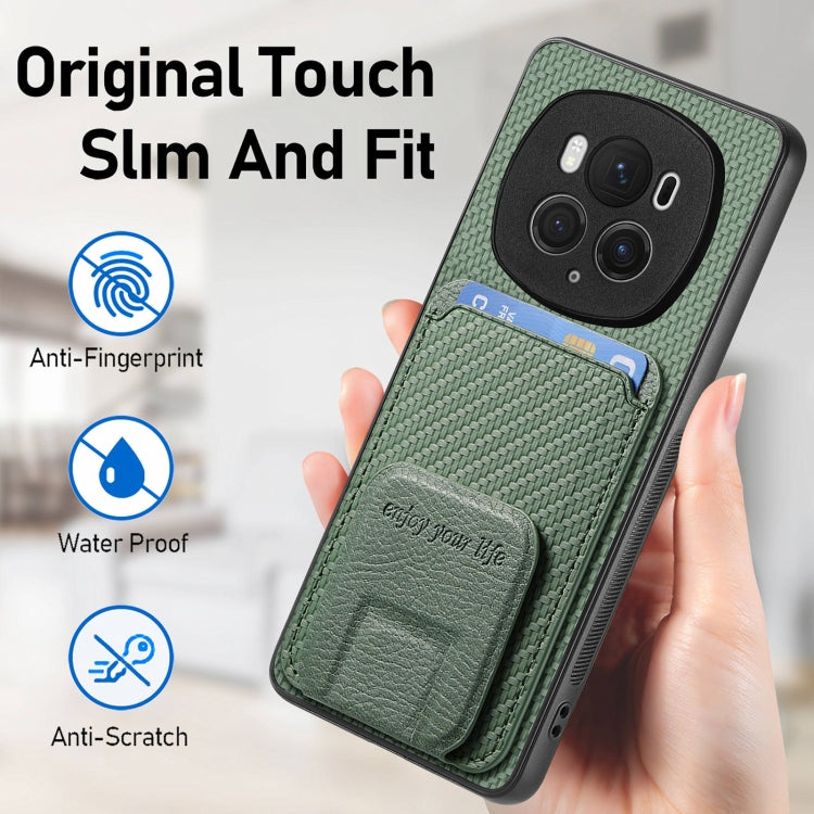 For Honor Magic6 Pro Carbon Fiber Card Bag Fold Stand Phone Case(Green)