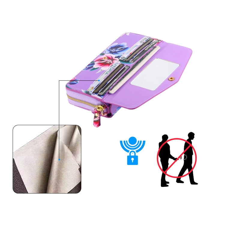 For Samsung Galaxy S24 5G Flower Multi-functional Crossbody Zipper Wallet Leather Phone Case(Purple)