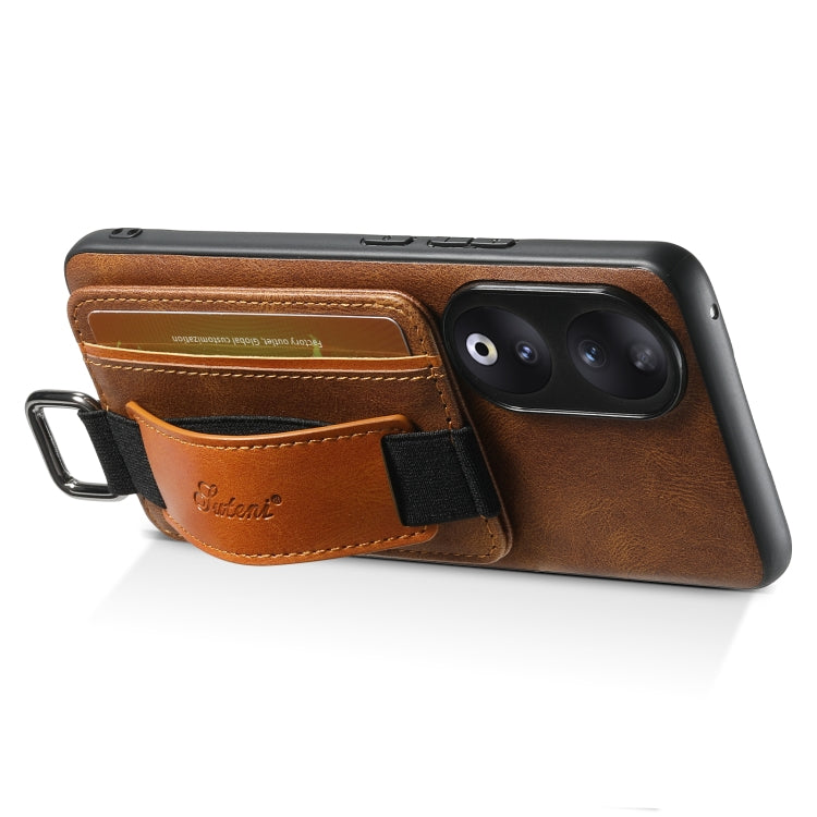 For Honor 60 Suteni H13 Card Wallet Wrist Strap Holder PU Phone Case(Brown)