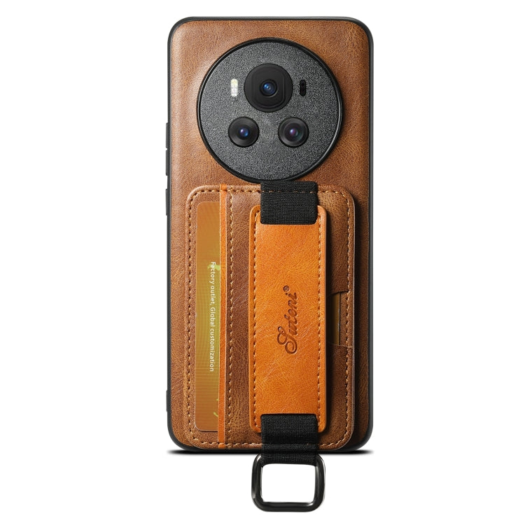 For Honor Magic6 Suteni H13 Card Wallet Wrist Strap Holder PU Phone Case(Brown)