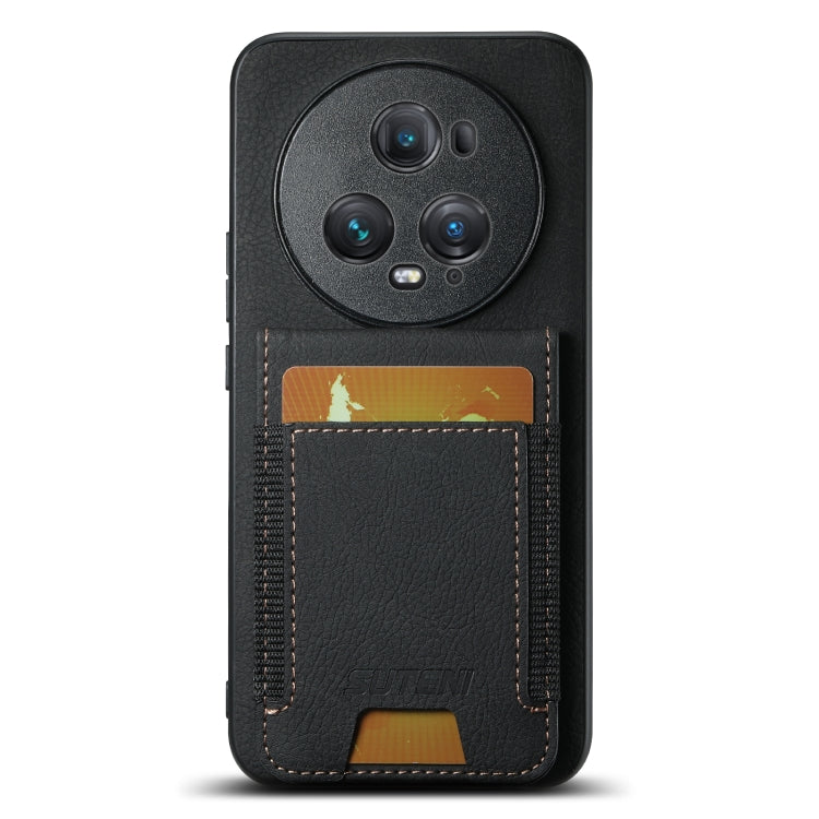 For Honor Magic5 Pro Suteni H03 Litchi Leather Card Bag Stand Back Phone Case(Black)