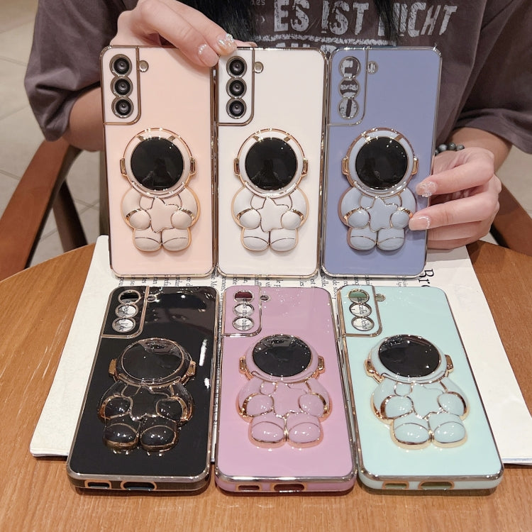 For Samsung Galaxy S24 5G Embrace Stars Electroplating Astronaut Holder Phone Case(White)