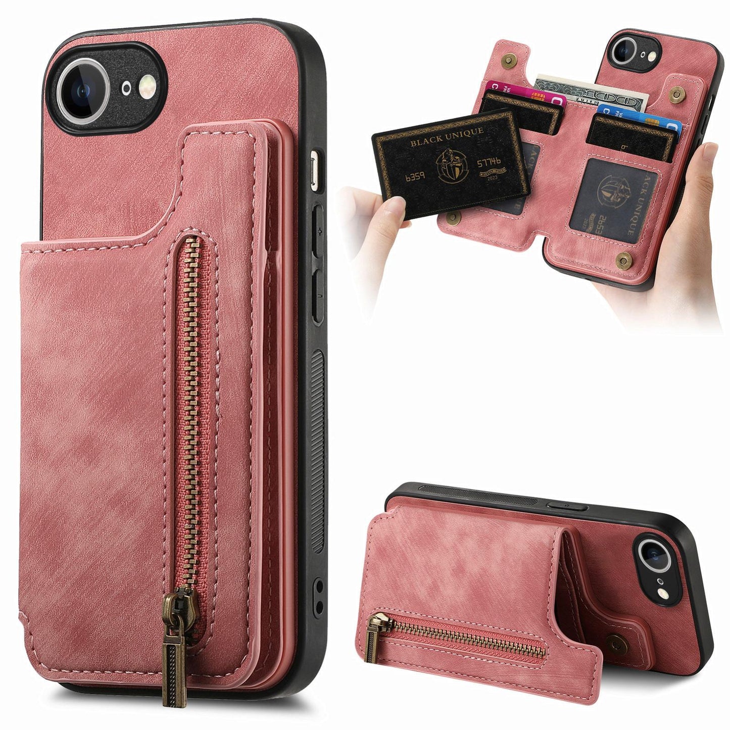 For iPhone 16e Retro Leather Zipper Wallet Back Phone Case(Pink)