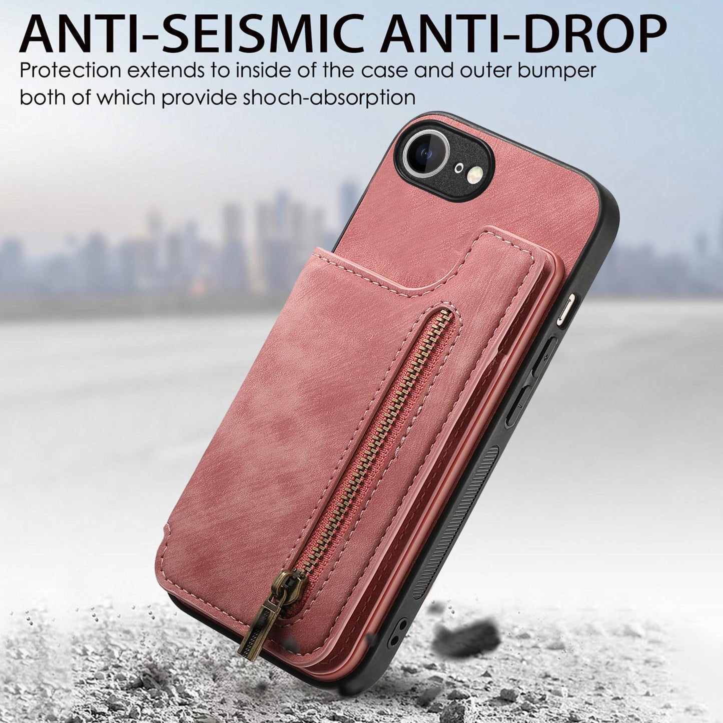 For iPhone 16e Retro Leather Zipper Wallet Back Phone Case(Pink)