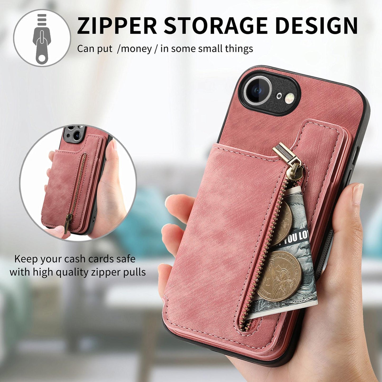 For iPhone 16e Retro Leather Zipper Wallet Back Phone Case(Pink)