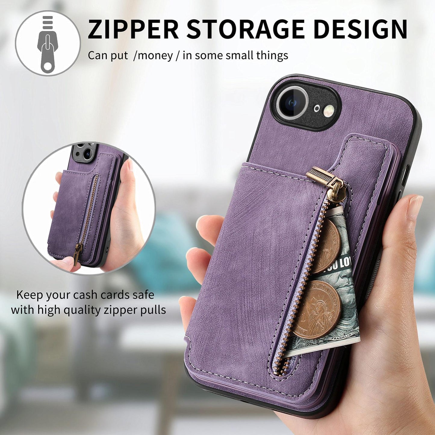 For iPhone 16e Retro Leather Zipper Wallet Back Phone Case(Purple)