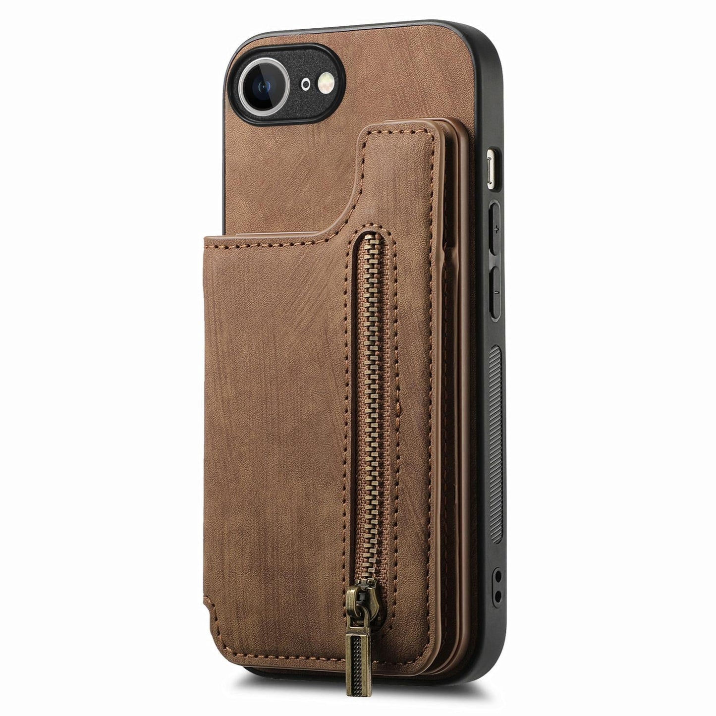 For iPhone 16e Retro Leather Zipper Wallet Back Phone Case(Brown)