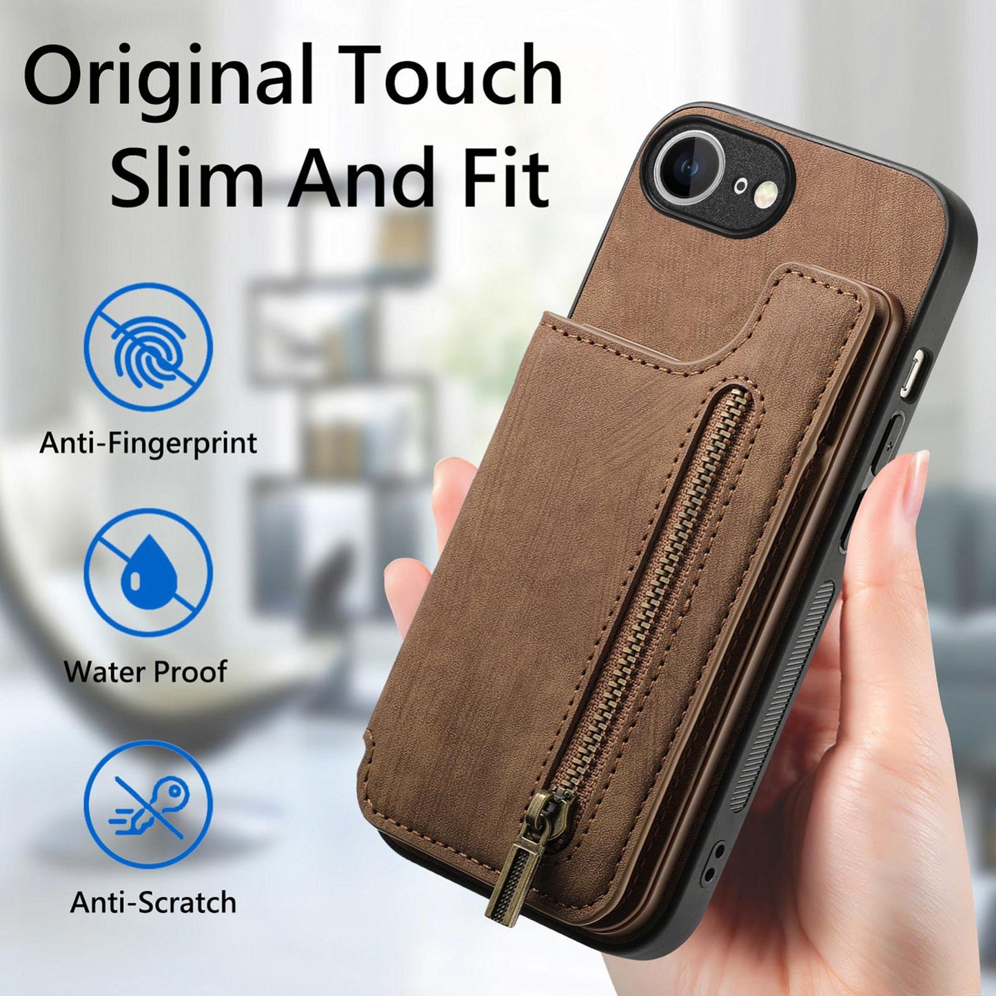 For iPhone 16e Retro Leather Zipper Wallet Back Phone Case(Brown)