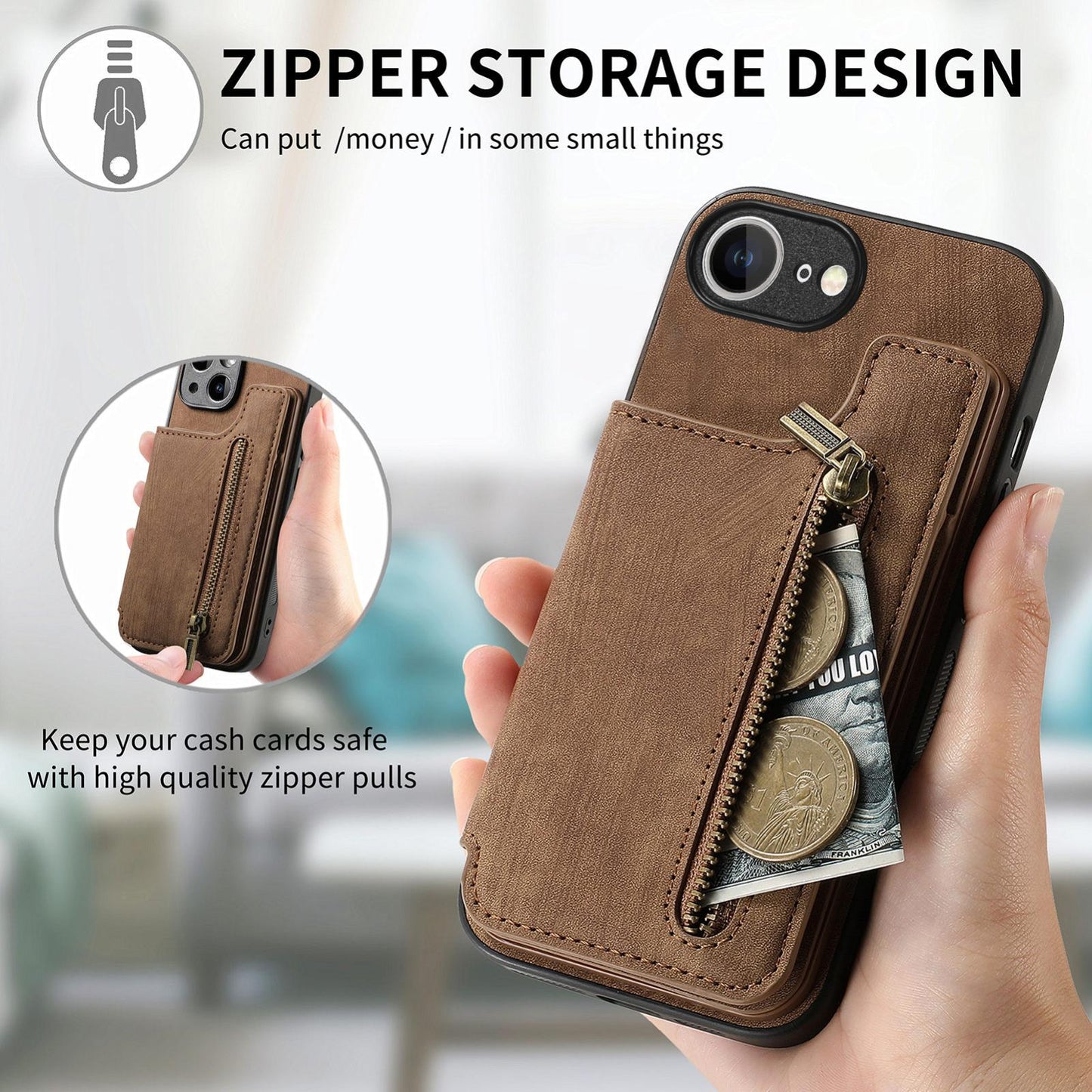 For iPhone 16e Retro Leather Zipper Wallet Back Phone Case(Brown)