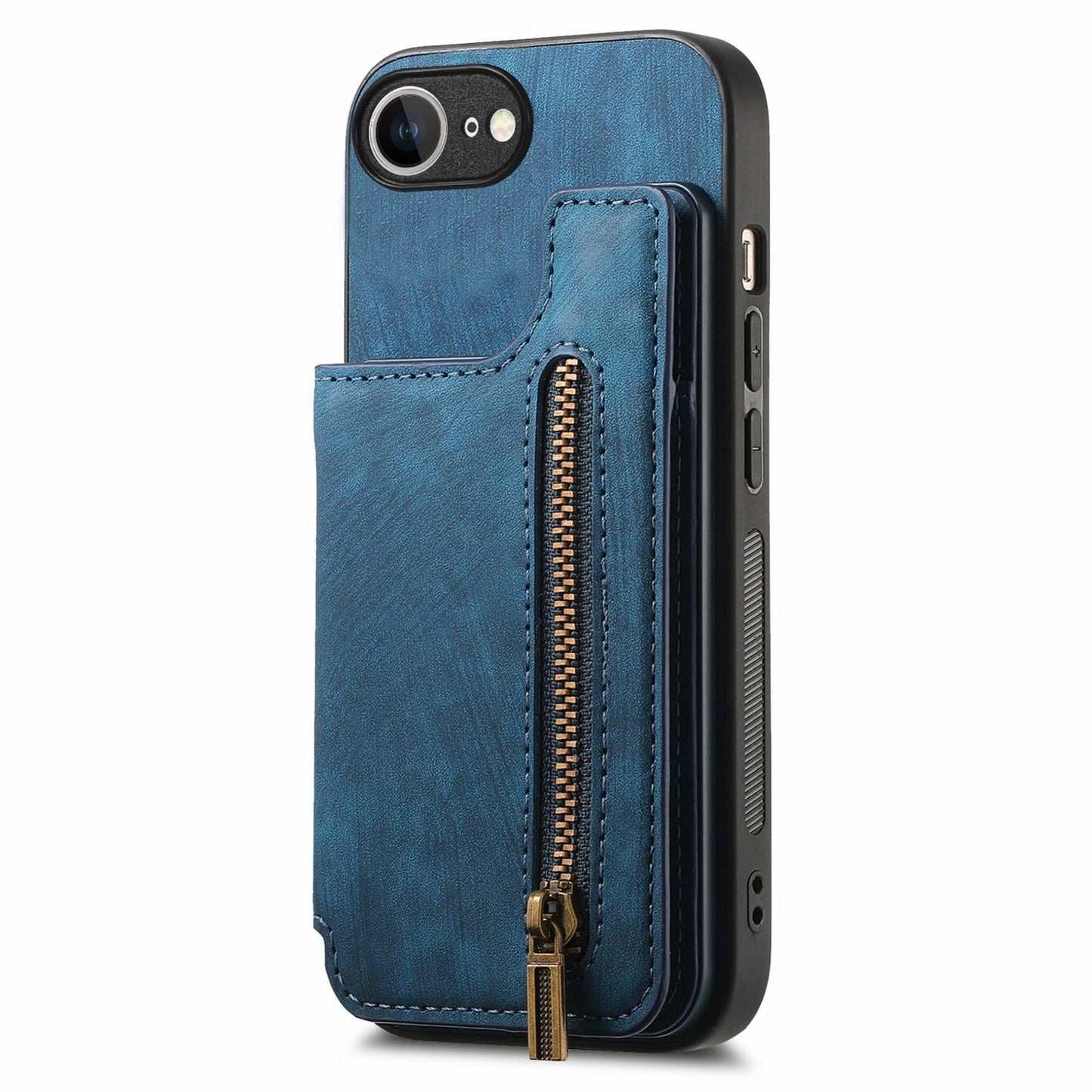 For iPhone 16e Retro Leather Zipper Wallet Back Phone Case(Blue)