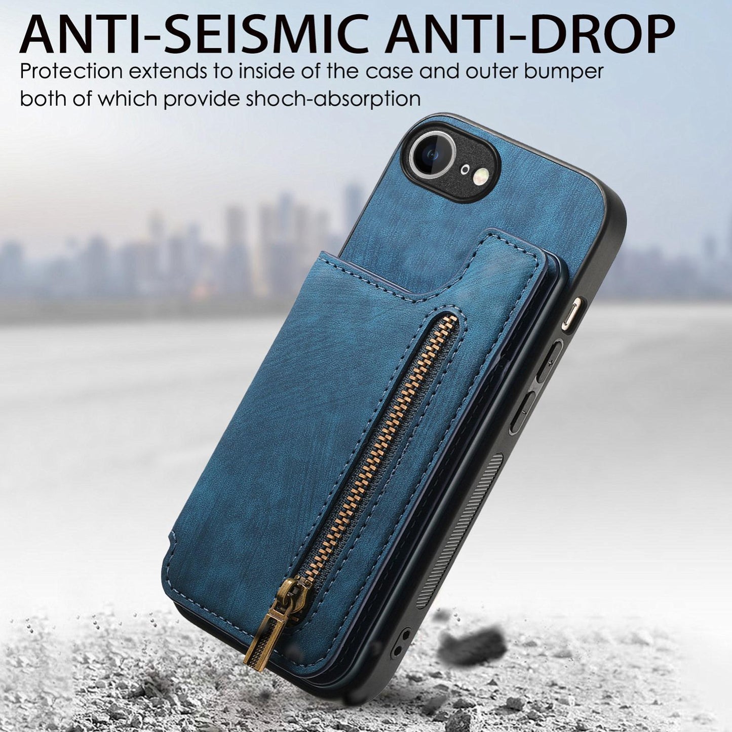 For iPhone 16e Retro Leather Zipper Wallet Back Phone Case(Blue)