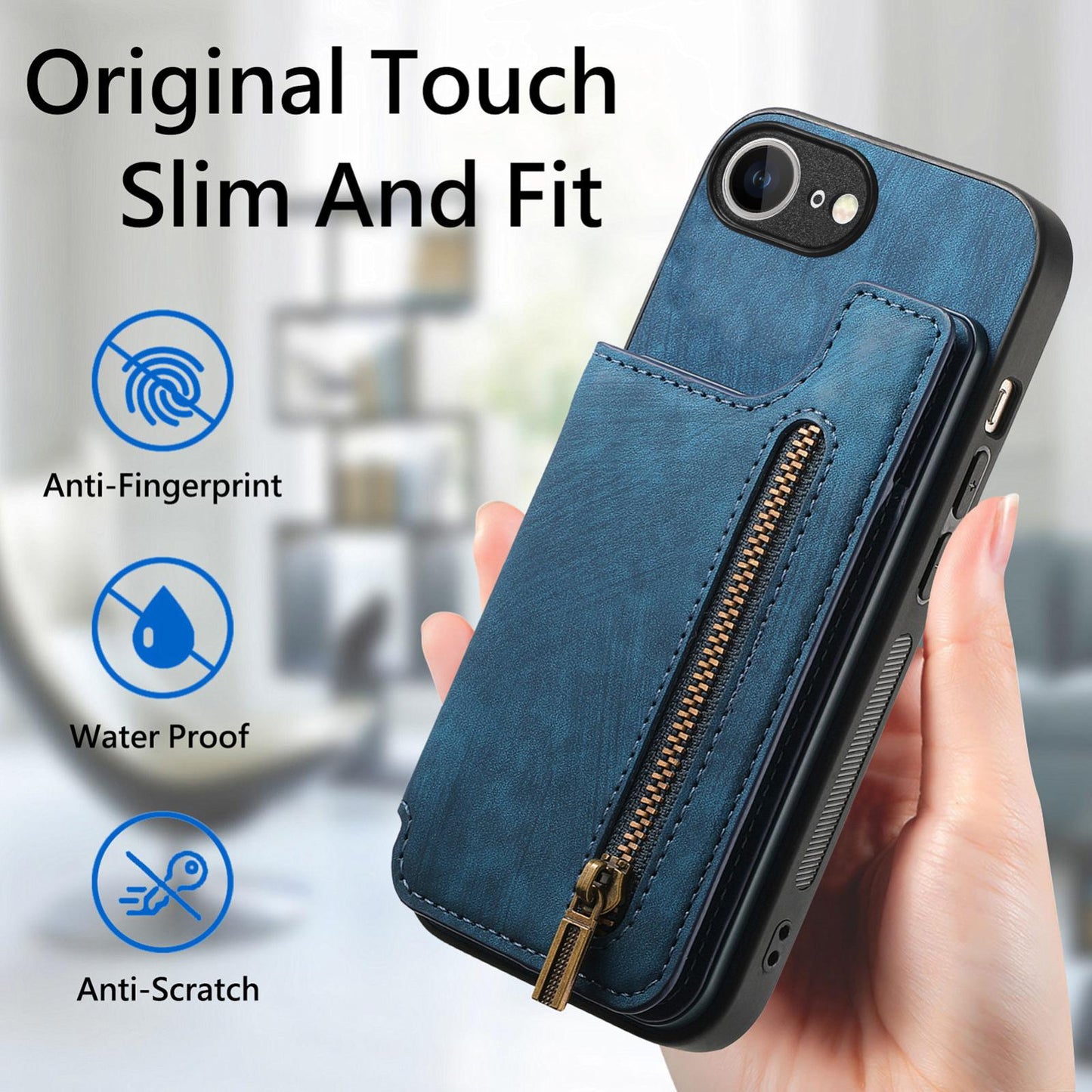 For iPhone 16e Retro Leather Zipper Wallet Back Phone Case(Blue)