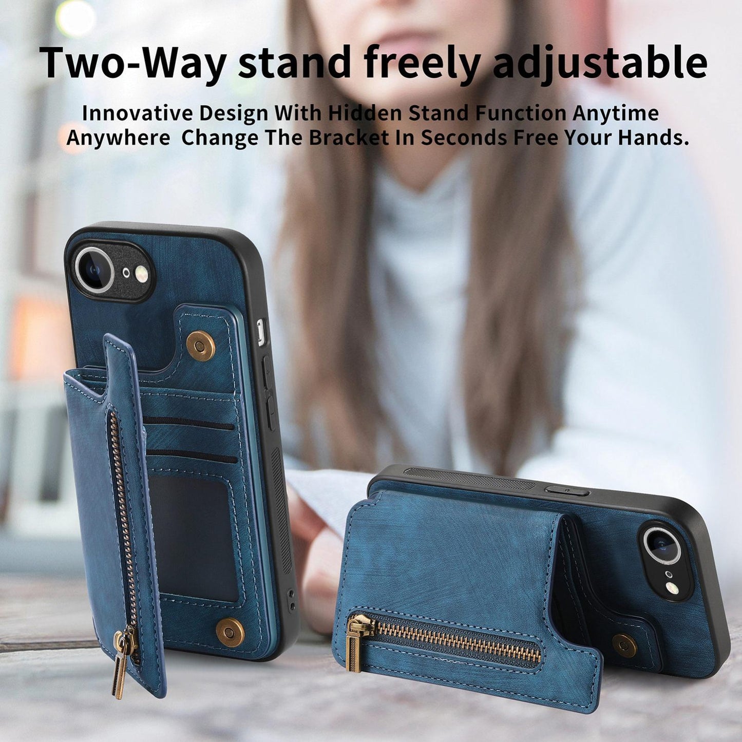 For iPhone 16e Retro Leather Zipper Wallet Back Phone Case(Blue)