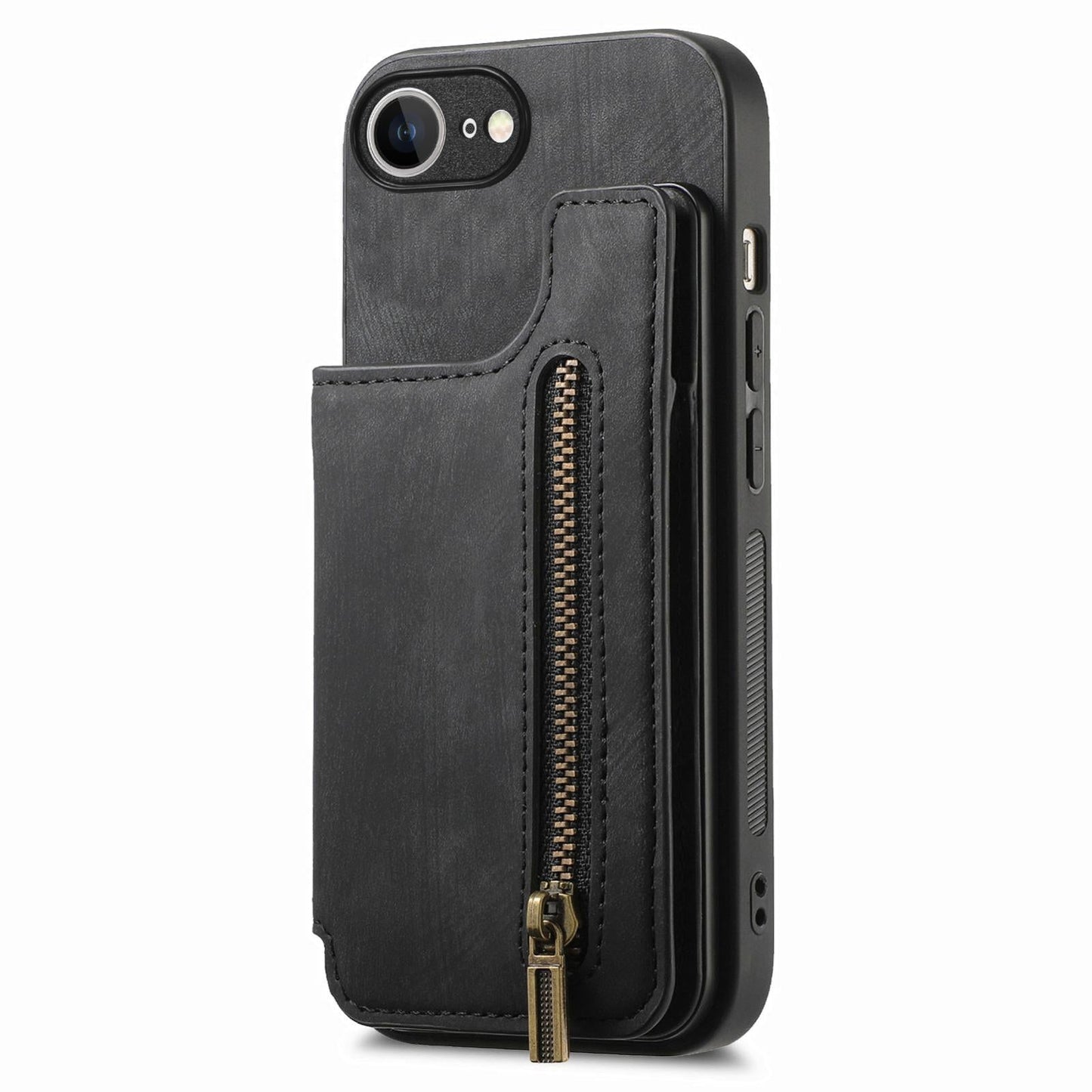 For iPhone 16e Retro Leather Zipper Wallet Back Phone Case(Black)