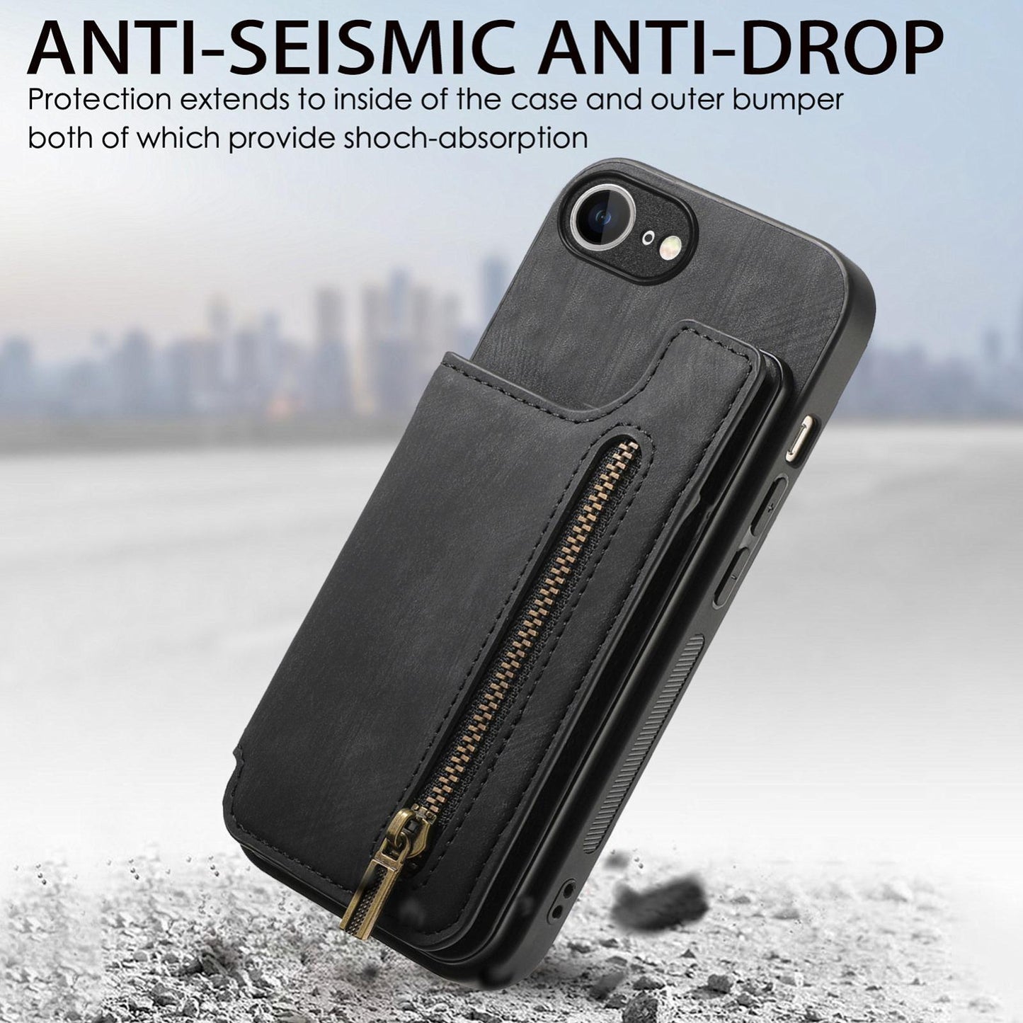 For iPhone 16e Retro Leather Zipper Wallet Back Phone Case(Black)