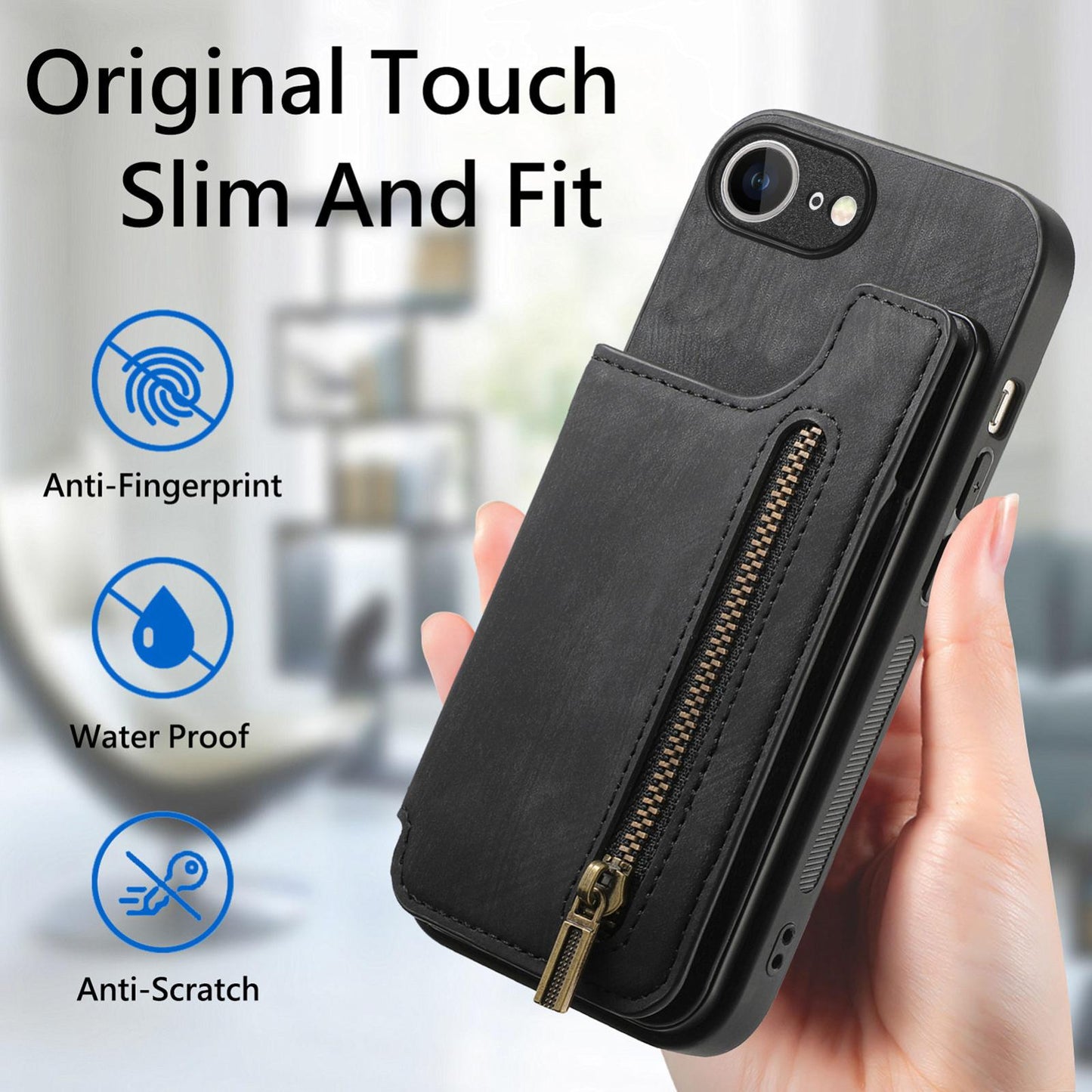 For iPhone 16e Retro Leather Zipper Wallet Back Phone Case(Black)