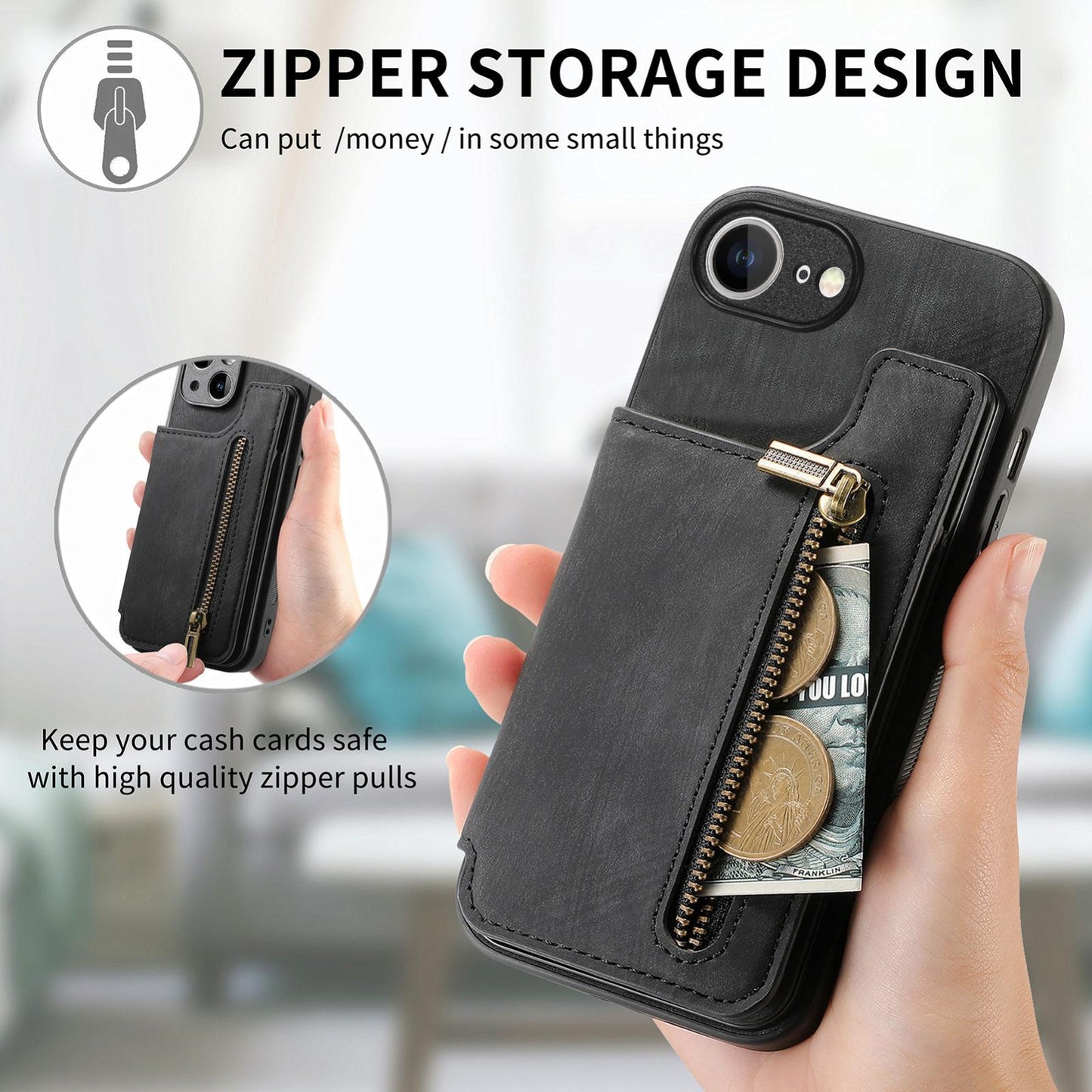 For iPhone 16e Retro Leather Zipper Wallet Back Phone Case(Black)