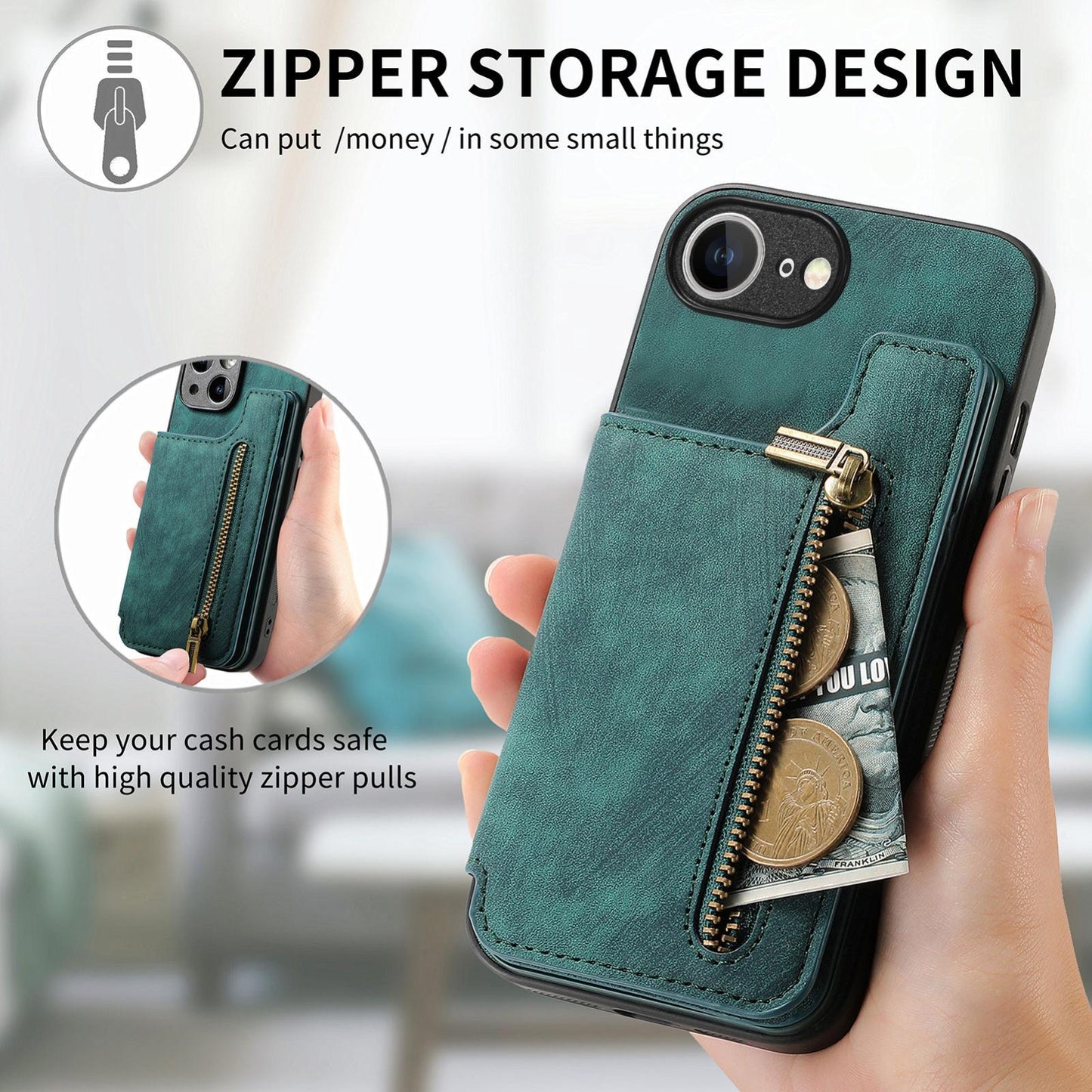 For iPhone 16e Retro Leather Zipper Wallet Back Phone Case(Green)