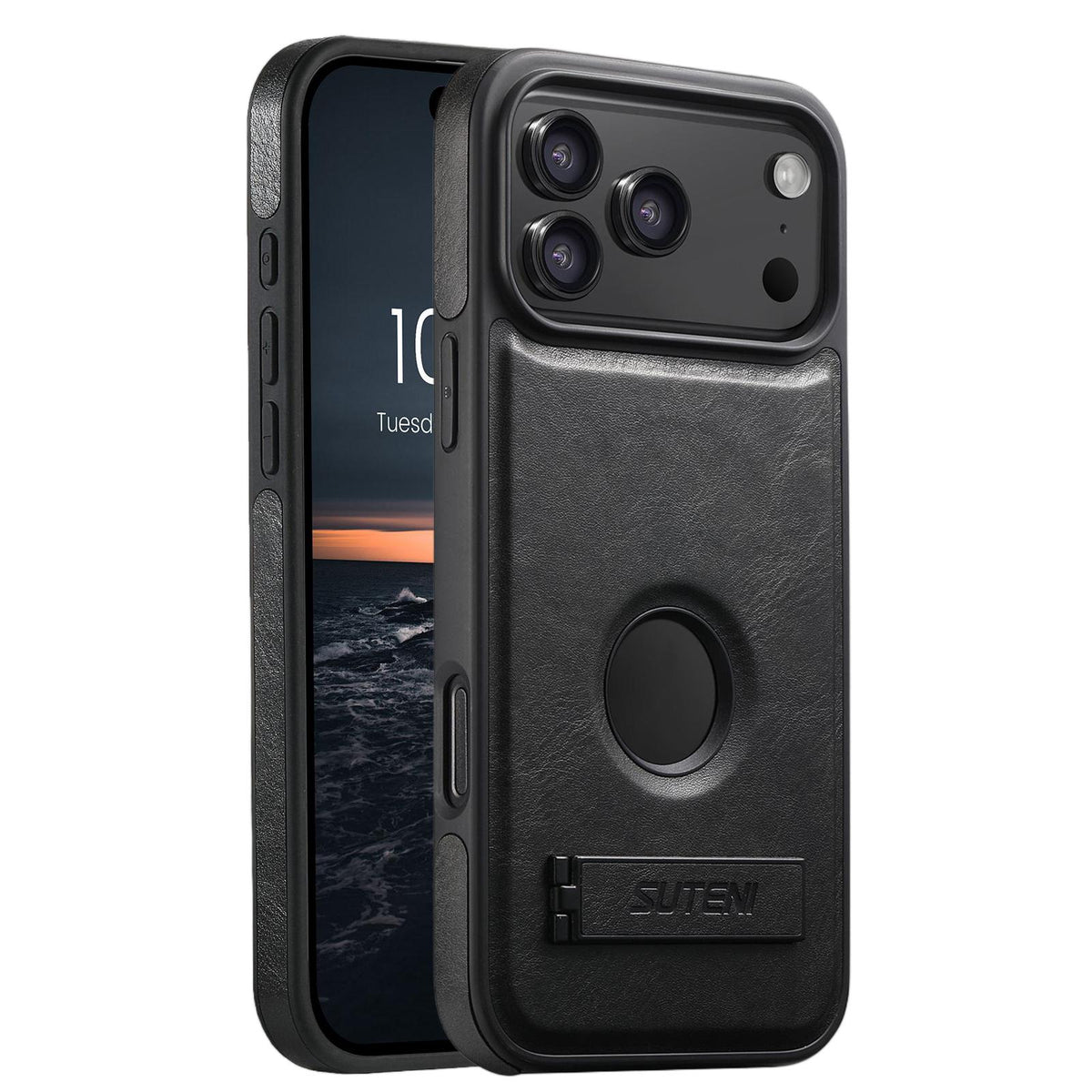 Compatible with iPhone 18 Pro Max Suteni G2 Magsafe Oil Wax Leather Back Phone Case with Holder - Black