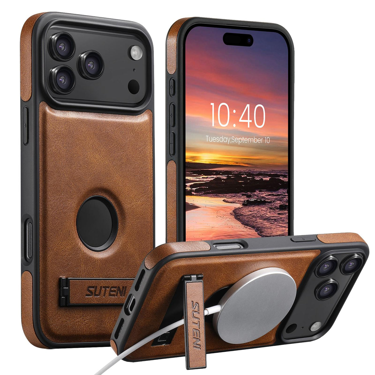 Compatible with iPhone 18 Pro Max Suteni G2 Magsafe Oil Wax Leather Back Phone Case with Holder - Brown