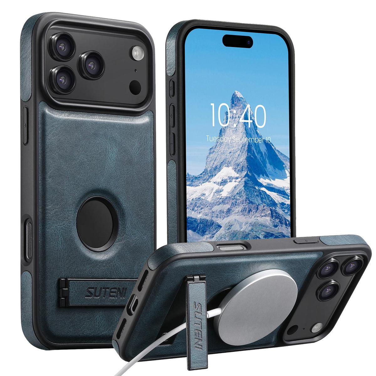 Compatible with iPhone 18 Pro Max Suteni G2 Magsafe Oil Wax Leather Back Phone Case with Holder - Blue