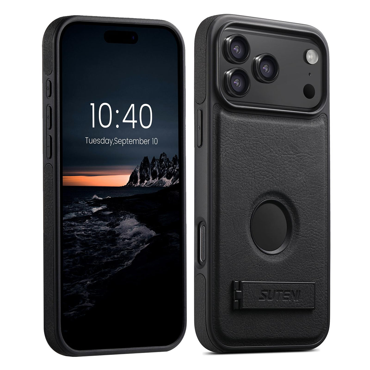 Compatible with iPhone 18 Pro Max Suteni G2 Magsafe Litchi Texture Leather Back Phone Case with Holder - Black
