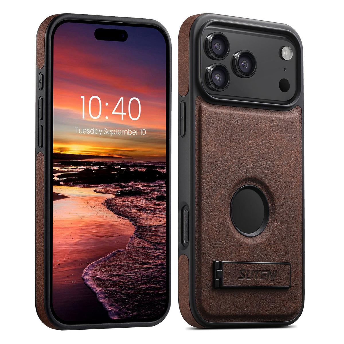 Compatible with iPhone 18 Pro Max Suteni G2 Magsafe Litchi Texture Leather Back Phone Case with Holder - Brown