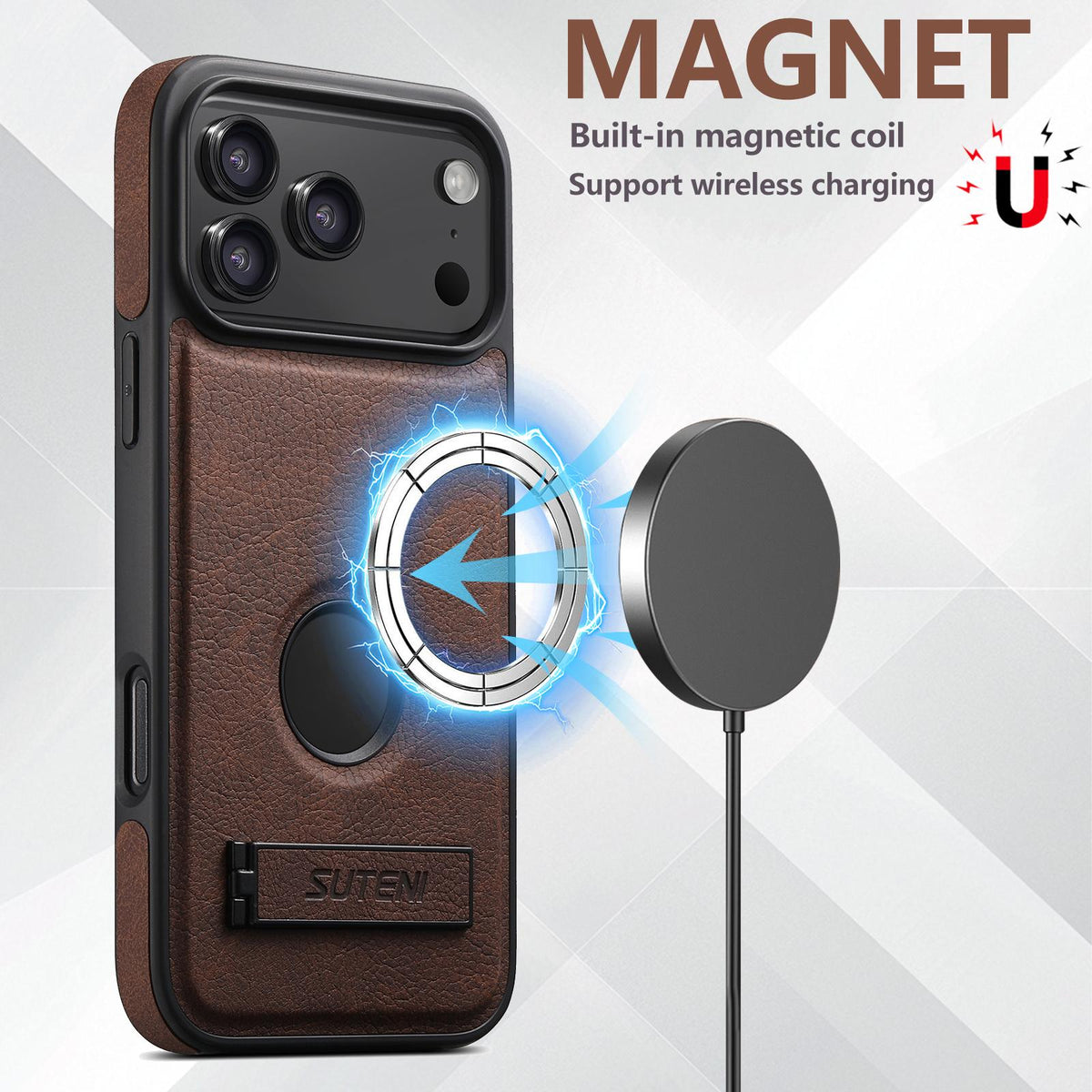 Compatible with iPhone 18 Pro Max Suteni G2 Magsafe Litchi Texture Leather Back Phone Case with Holder - Brown