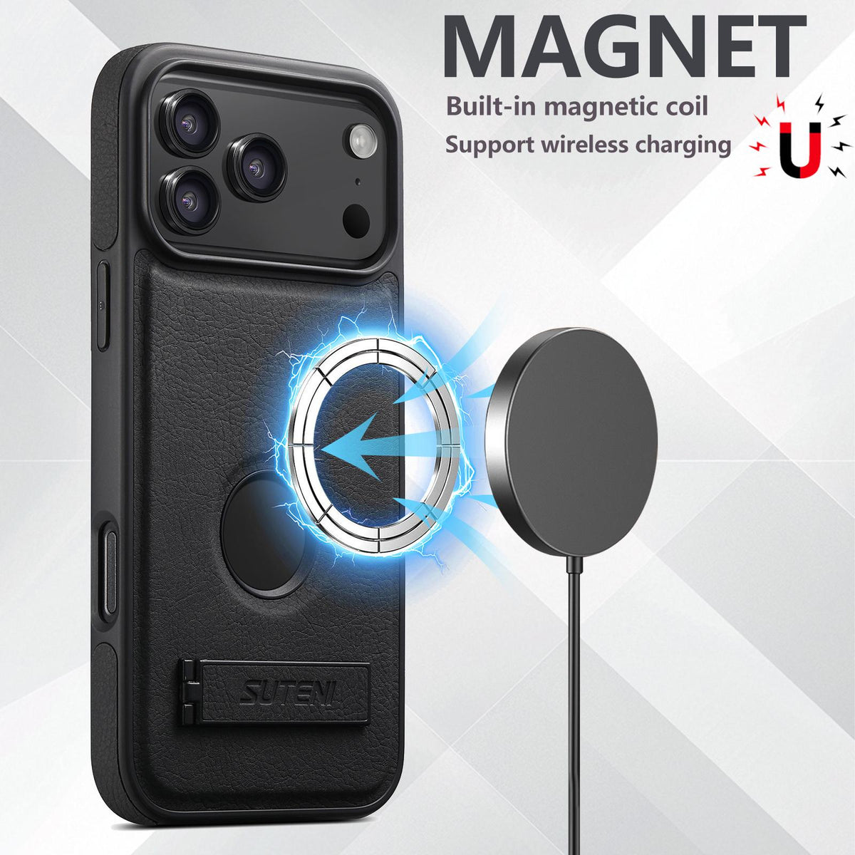 Compatible with iPhone 18 Pro Suteni G2 Magsafe Litchi Texture Leather Back Phone Case with Holder - Black