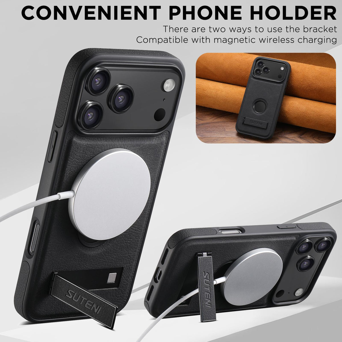 Compatible with iPhone 18 Pro Suteni G2 Magsafe Litchi Texture Leather Back Phone Case with Holder - Black