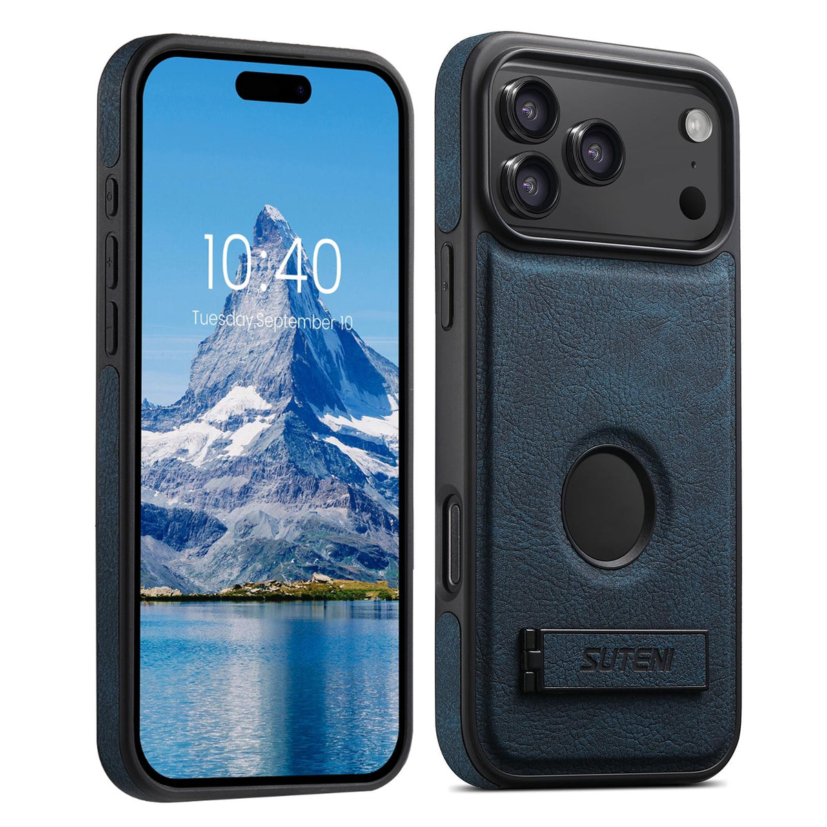 Compatible with iPhone 18 Pro Suteni G2 Magsafe Litchi Texture Leather Back Phone Case with Holder - Blue