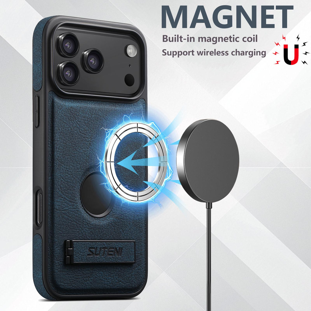 Compatible with iPhone 18 Pro Suteni G2 Magsafe Litchi Texture Leather Back Phone Case with Holder - Blue