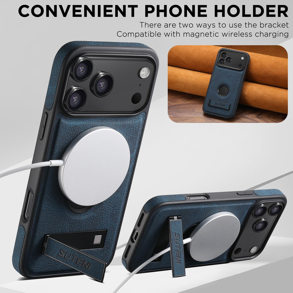 Compatible with iPhone 18 Pro Suteni G2 Magsafe Litchi Texture Leather Back Phone Case with Holder - Blue