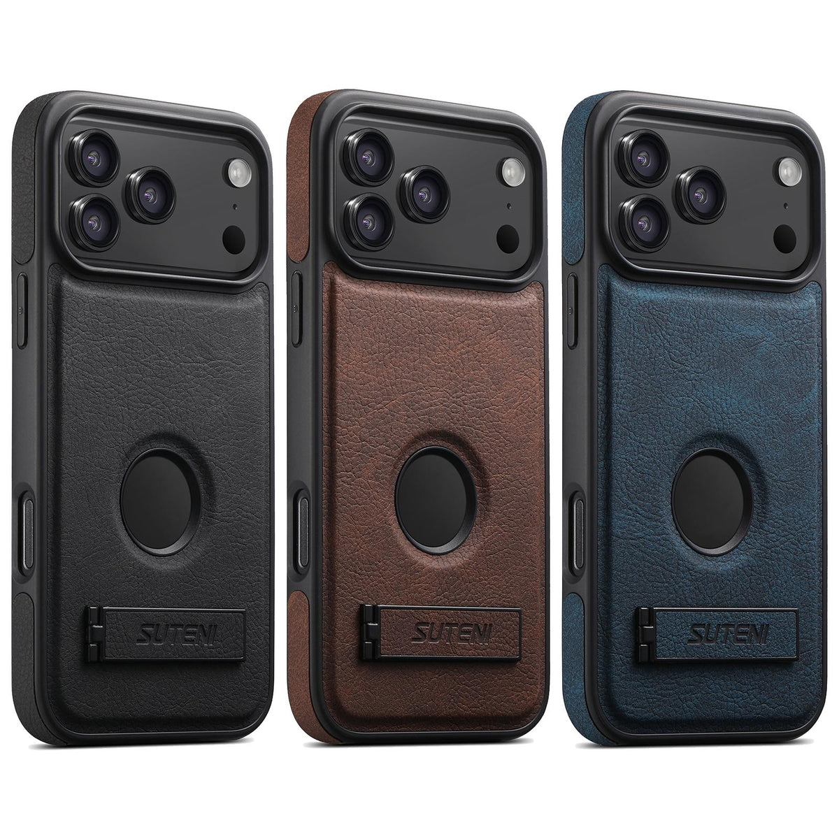 Compatible with iPhone 18 Pro Max Suteni G2 Magsafe Litchi Texture Leather Back Phone Case with Holder - Black