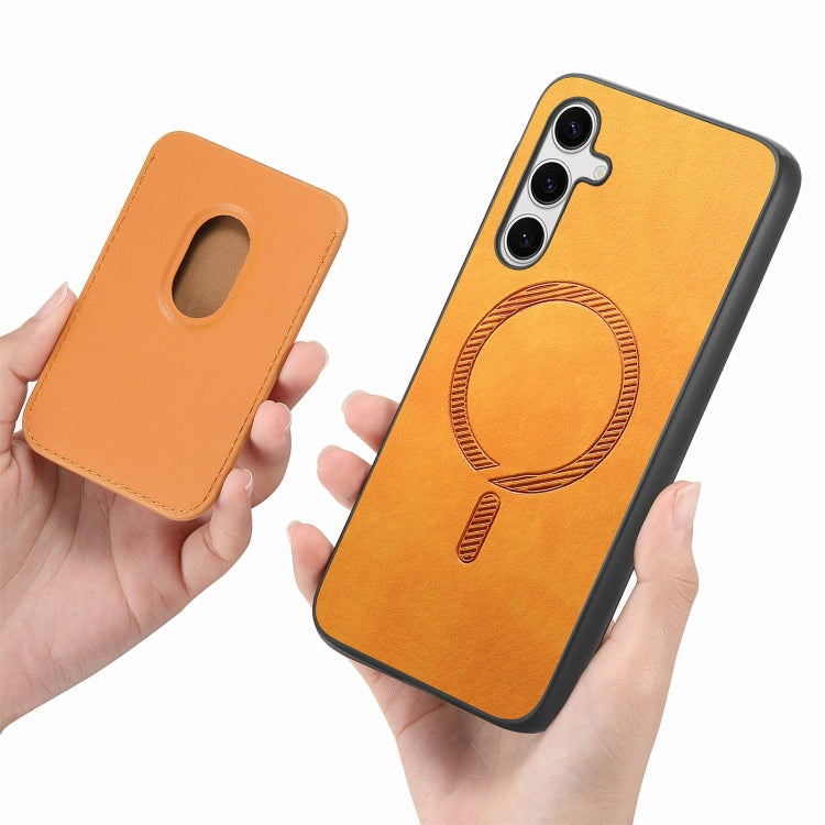For Samsung Galaxy S24 5G Retro Magsafe Card Bag PU Back Cover Phone Case(Yellow)