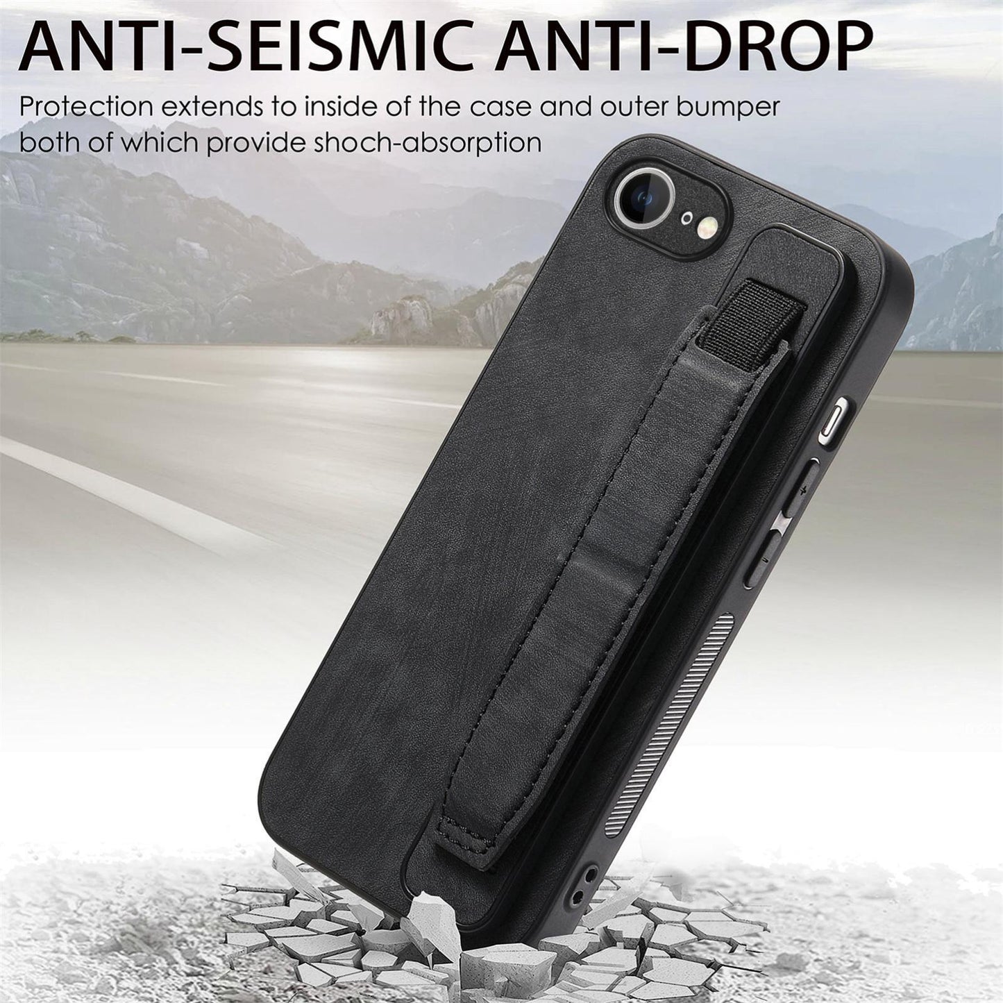 For iPhone 16e Retro Wristband Holder Leather Back Phone Case(Black)