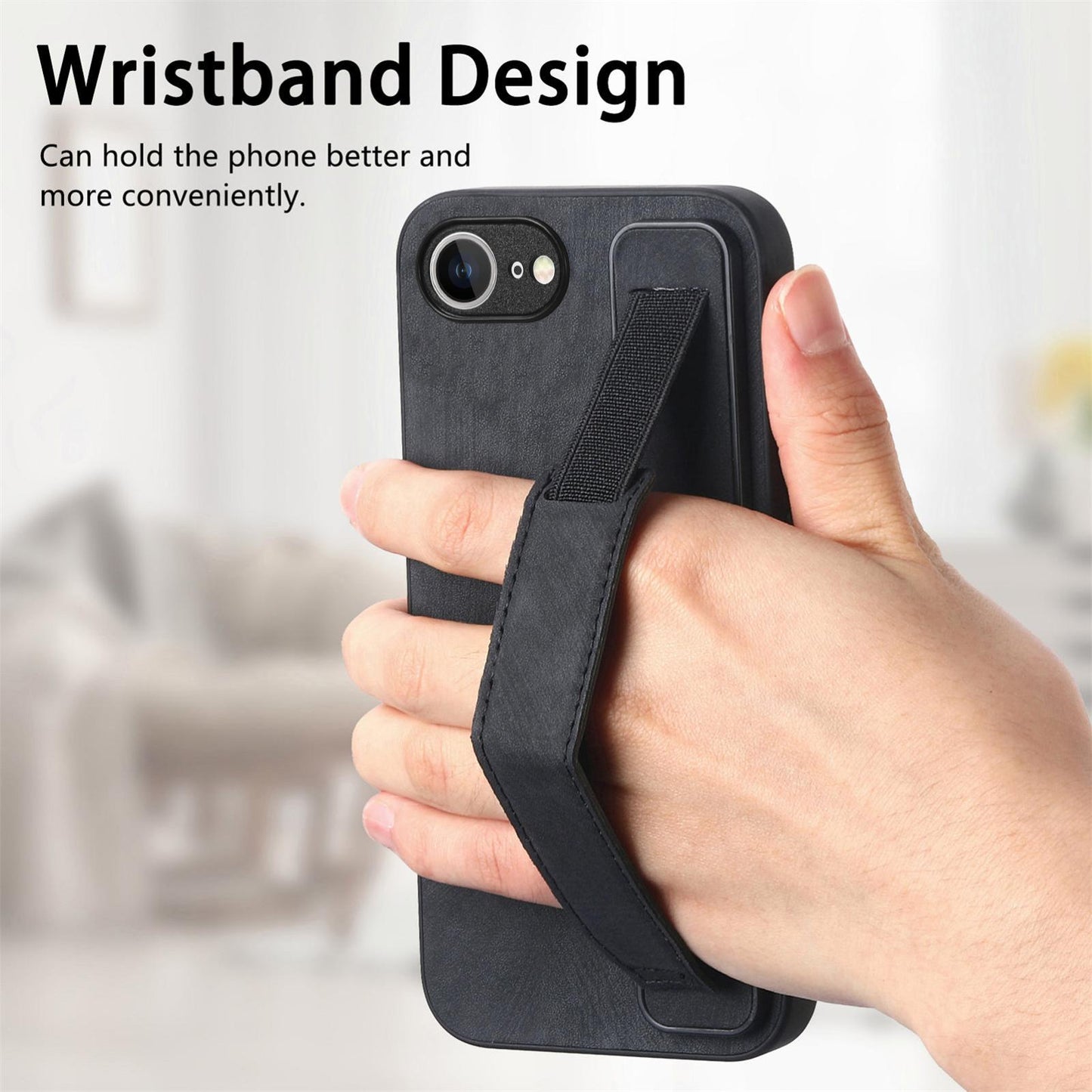 For iPhone 16e Retro Wristband Holder Leather Back Phone Case(Black)