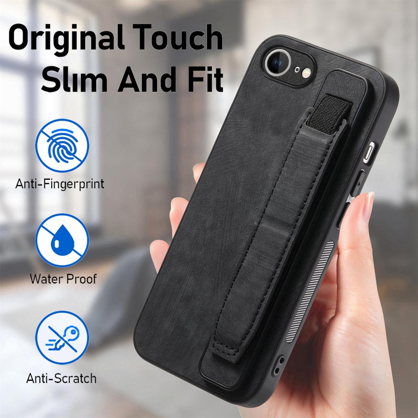 For iPhone 16e Retro Wristband Holder Leather Back Phone Case(Black)