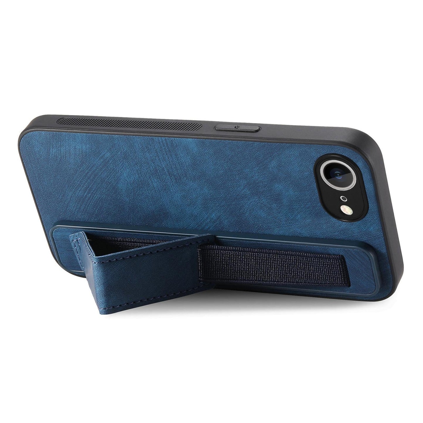 For iPhone 16e Retro Wristband Holder Leather Back Phone Case(Blue)
