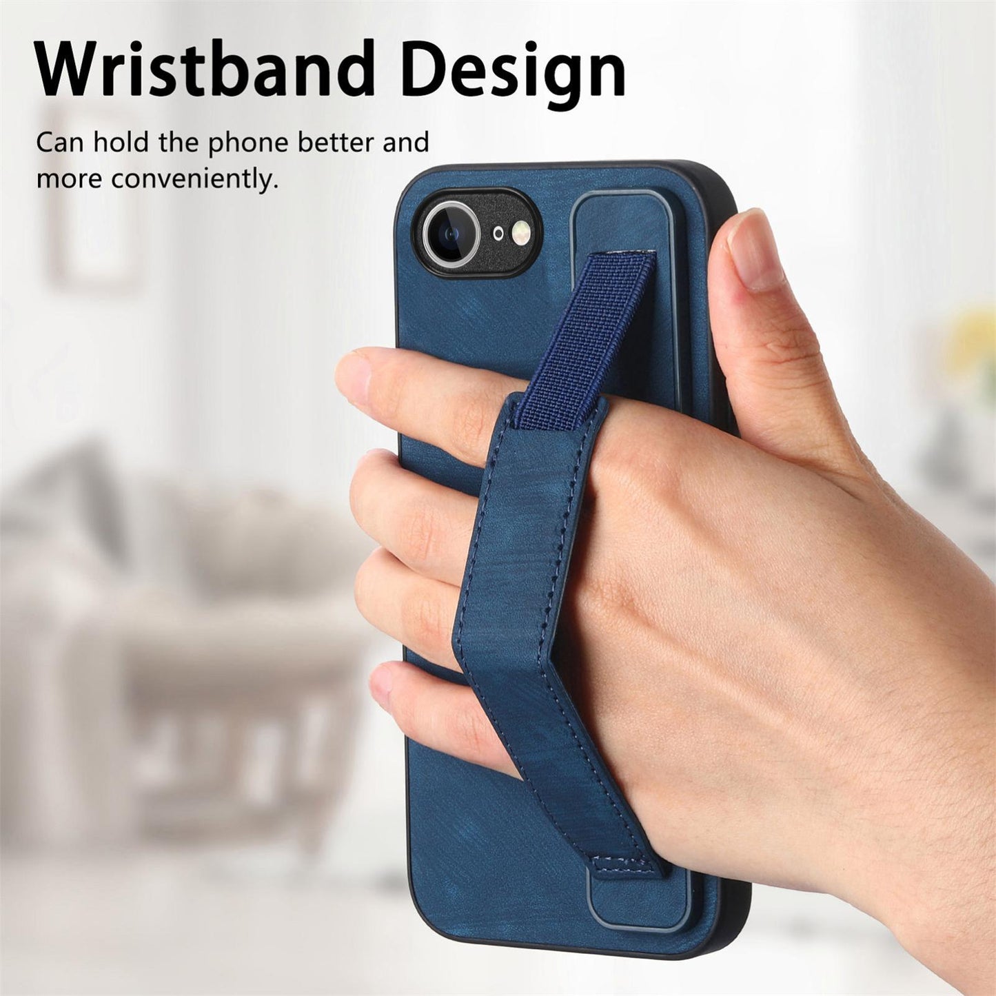 For iPhone 16e Retro Wristband Holder Leather Back Phone Case(Blue)