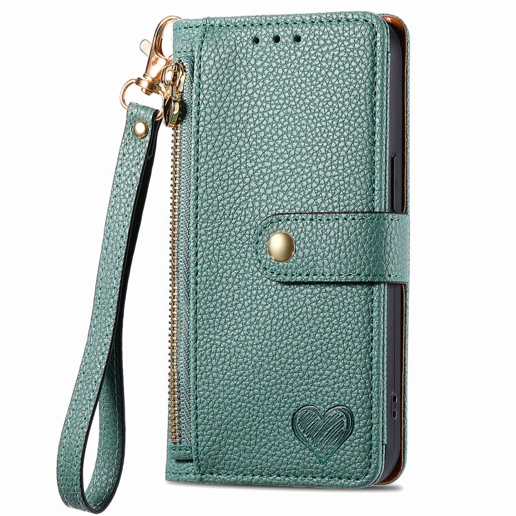 For Honor 100 Pro 5G Love Zipper Lanyard Leather Phone Case(Green)